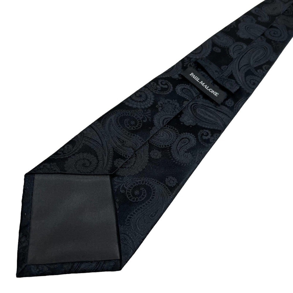 Paul Malone Necktie Pure Silk‎ Classic Paisley Black Men's Size 58 L x 3.75 W